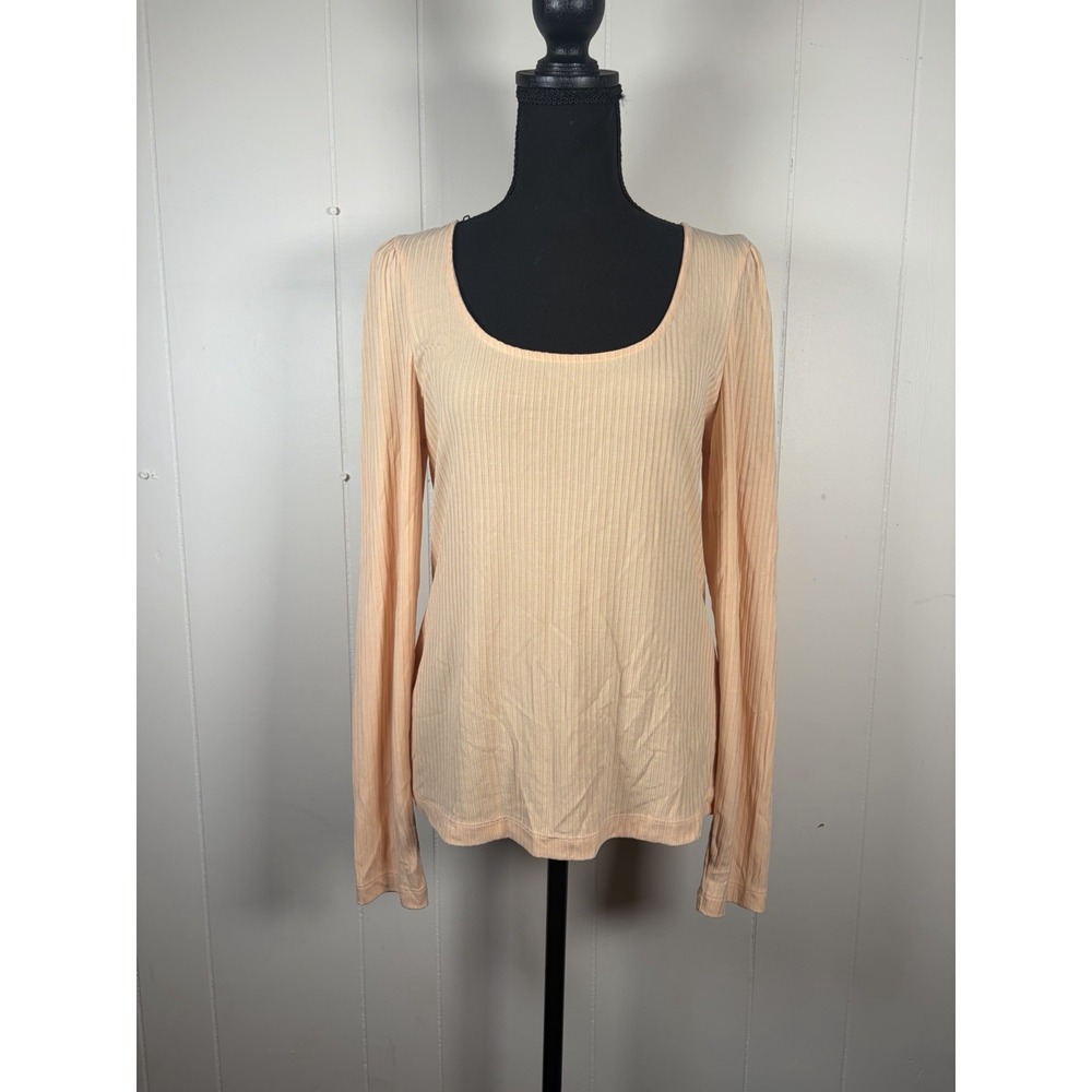 Anthropologie Womens Medium Peach Ribbed Long Sleeve Scoop Neck Top